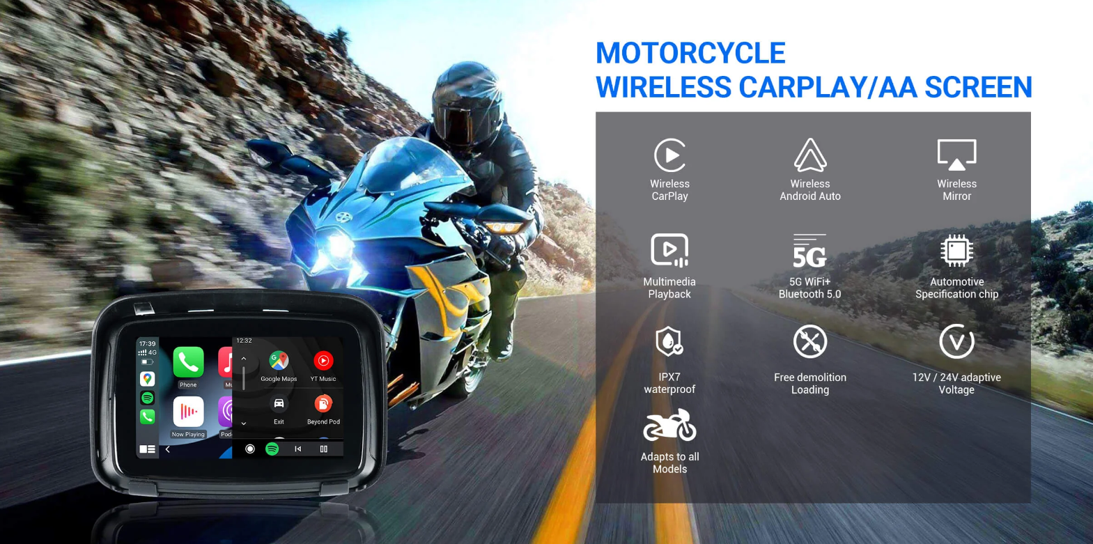 Ottocast Lite C5 Motorcycle GPS Wireless Carplay/Android Auto Waterproof Screen