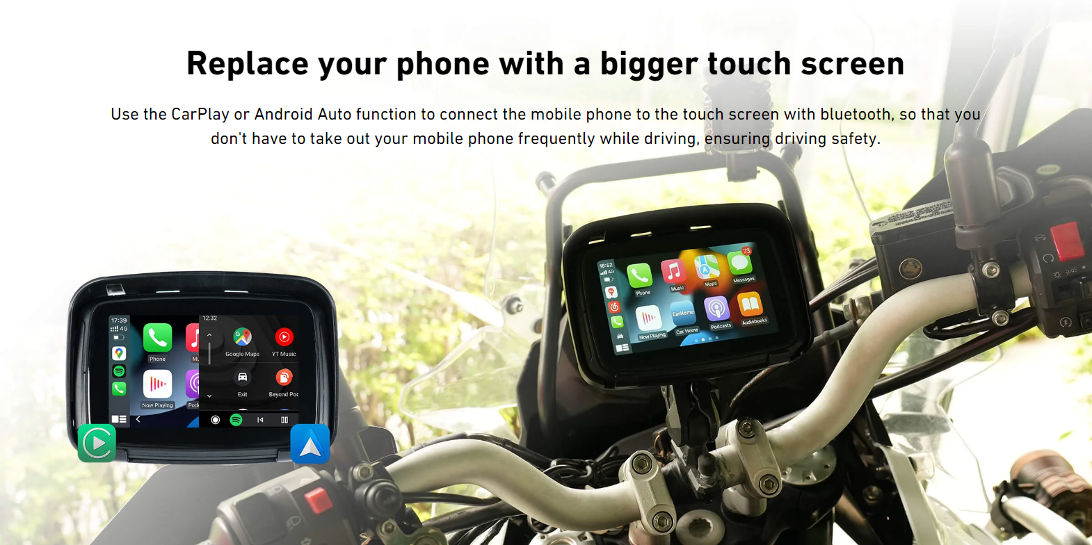 Replace your phone with a bigger touch screen Use the CarPlay or Android Auto function to connect the mobile phone to the touch screen with bluetooth, so that you don't have to take out your mobile phone frequently while driving, ensuring driving safety.