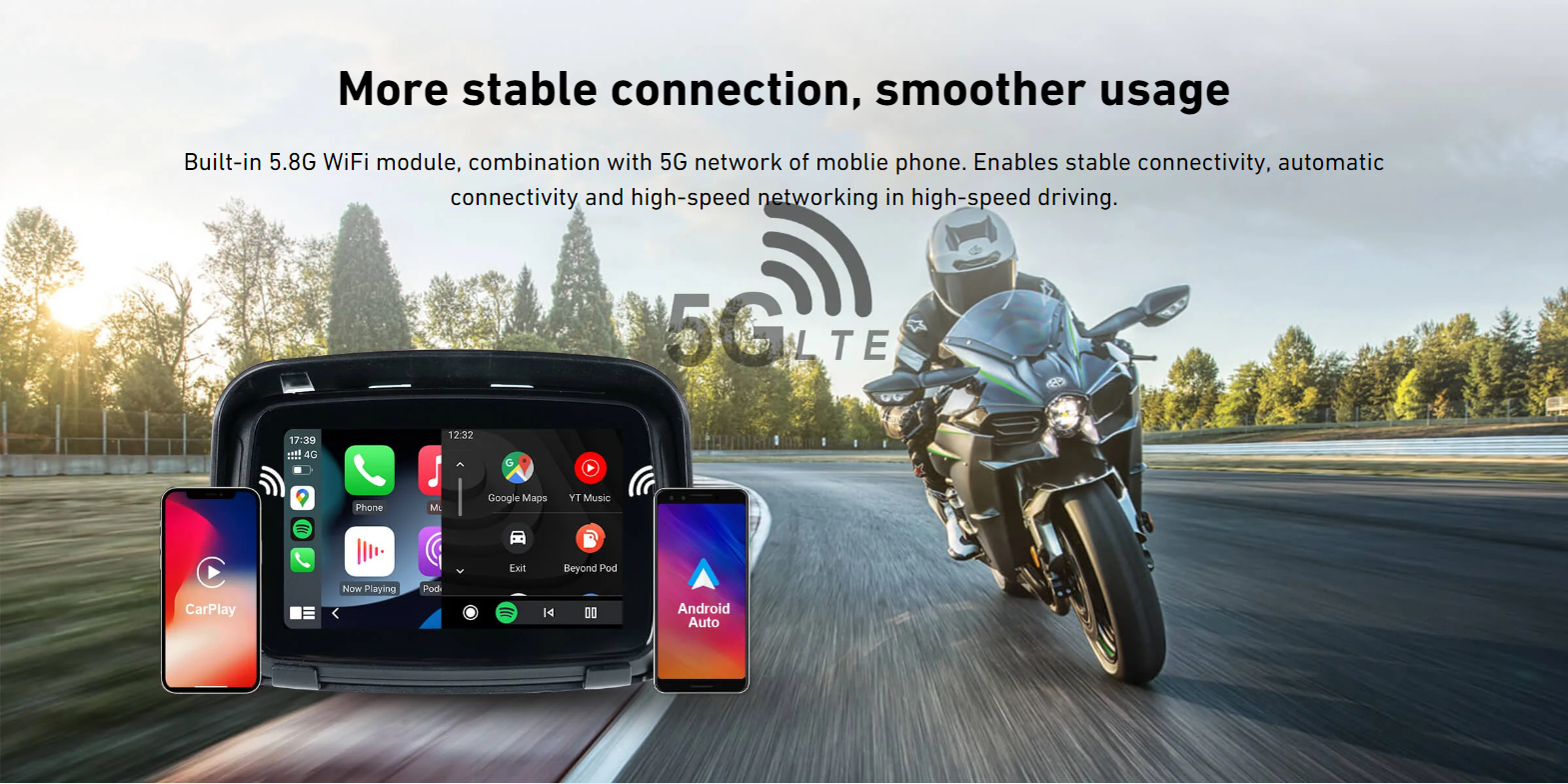 More stable connection, smoother usage Built-in 5.8G WiFi module, combination with 5G network of moblie phone. Enables stable connectivity, automatic connectivity and high-speed networking in high-speed driving.