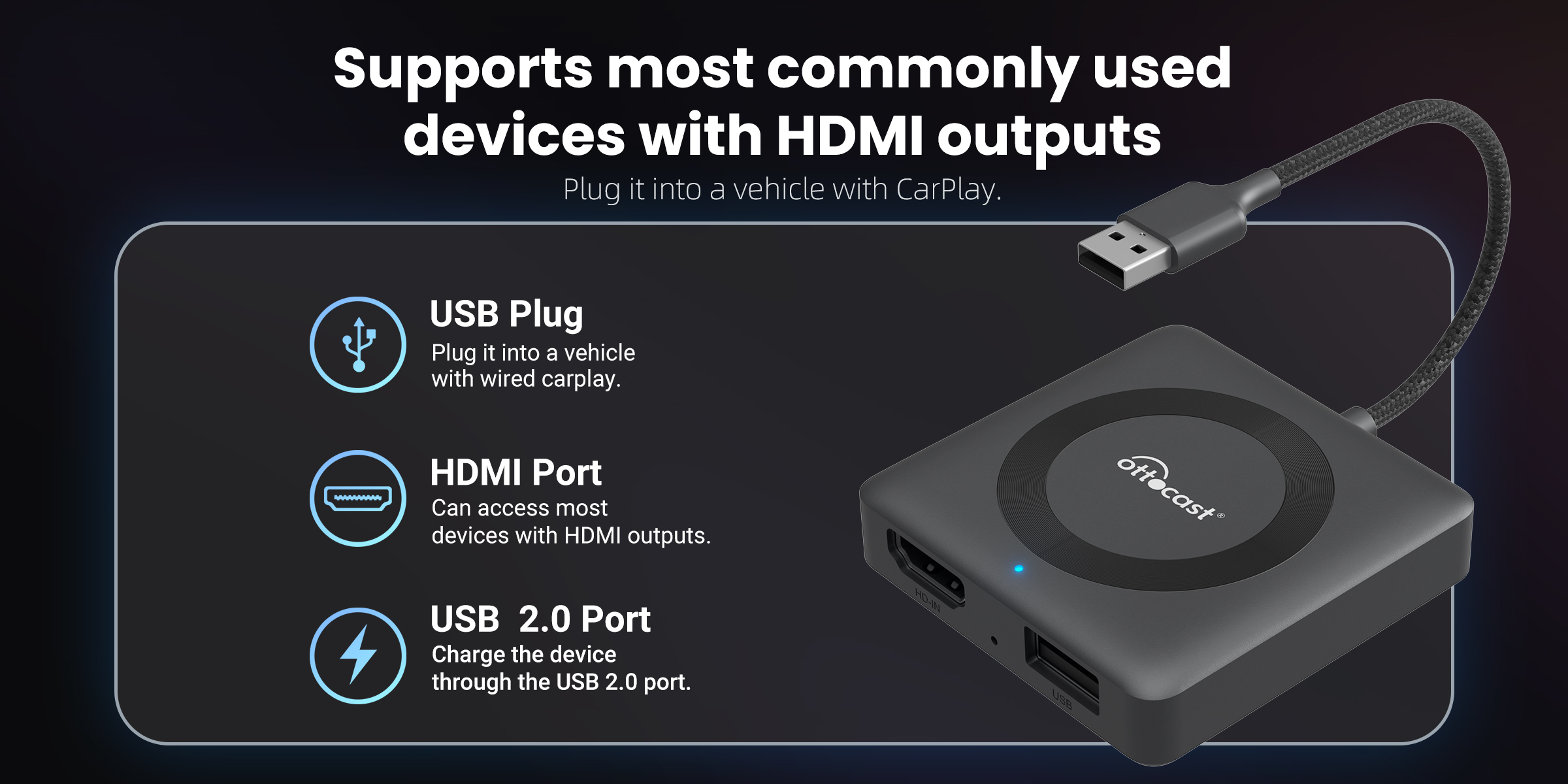 Supports most commonly used devices with HDMI output Plug it into a vehicle with CarPlay.