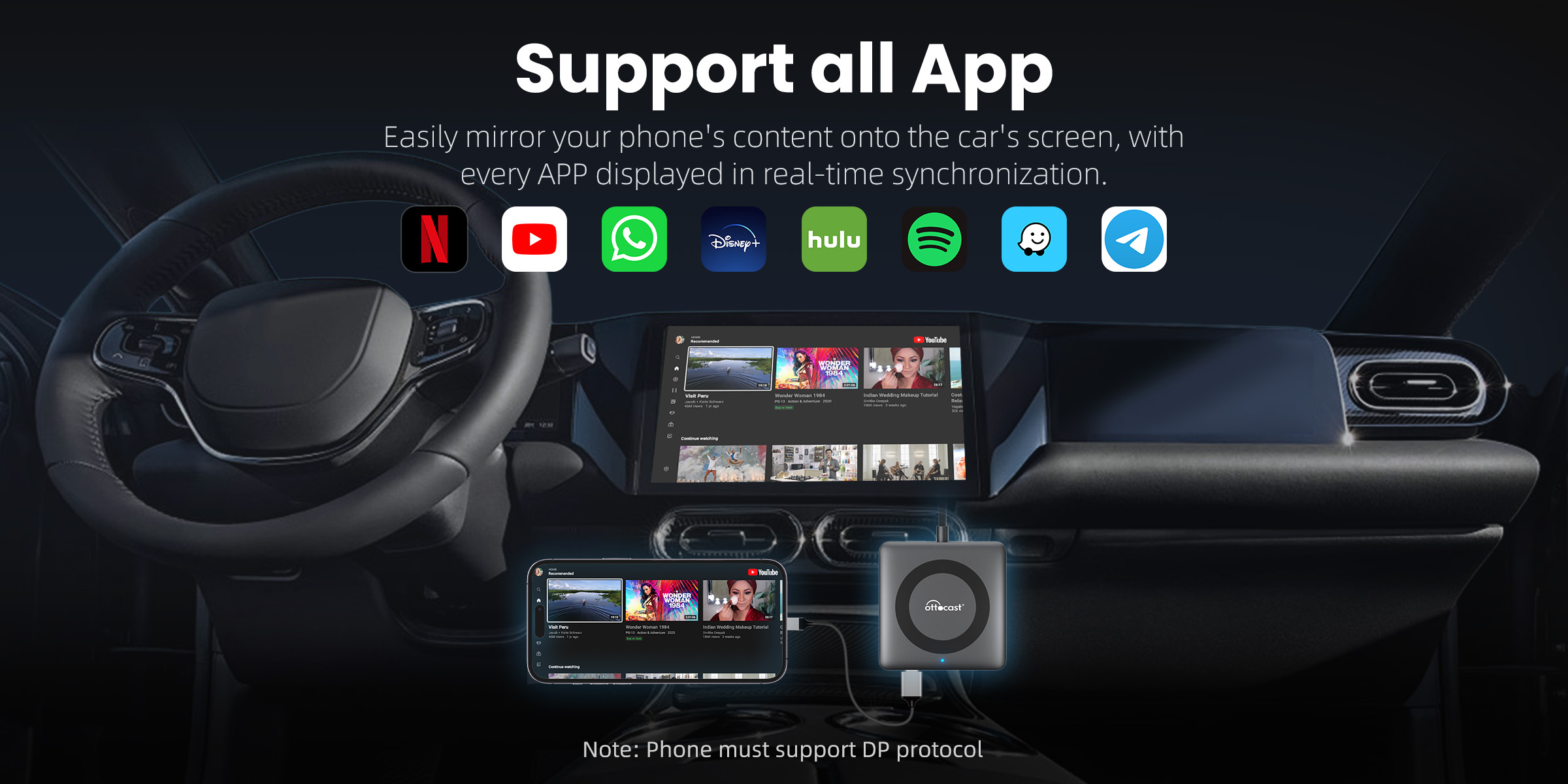 Support all Apps Easily mirror your phone's content onto the car's screen, with every APP displayed in real-time synchronization.