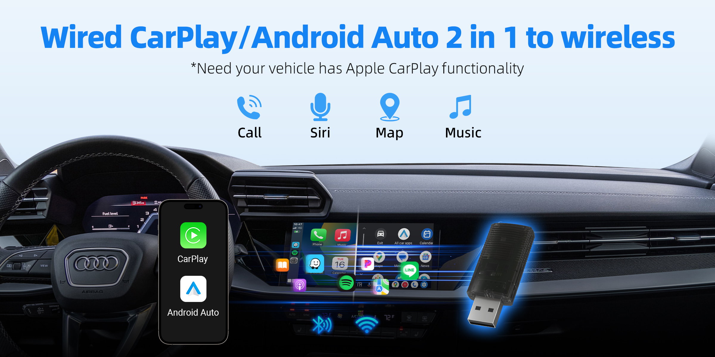 Wired carplay/Android Auto 2 in 1 to wireless