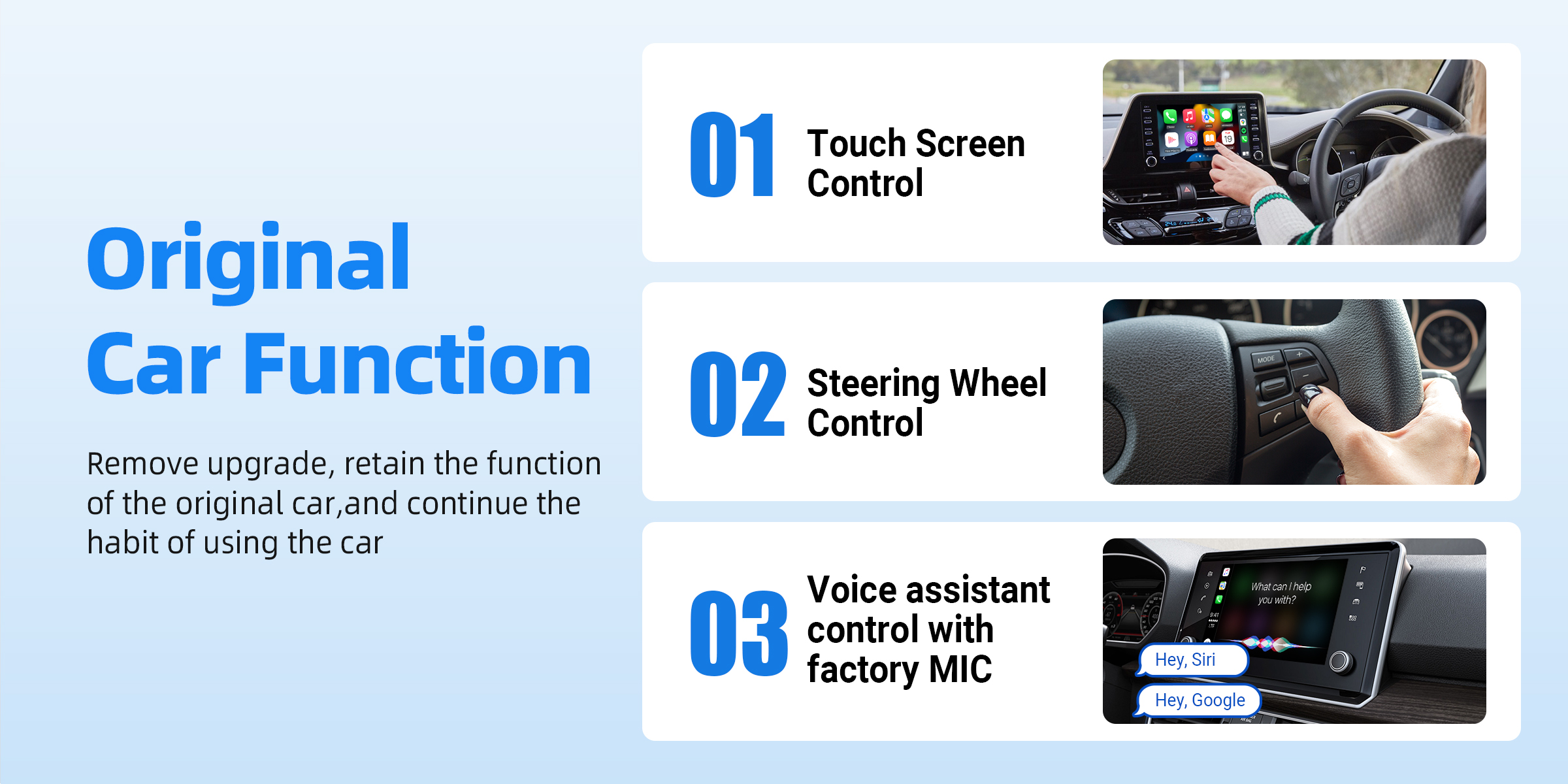 portable apple car play Retains the original car functions, including touch screen control, steering wheel control, and voice assistant with the factory microphone, allowing you to continue your familiar driving habits without any upgrades required.