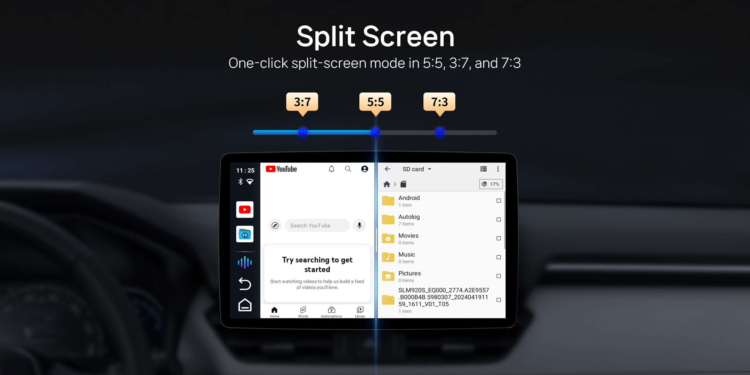 AI Box Android Auto enables one-click split-screen in 5:5, 3:7, and 7:3 ratios for seamless multitasking.