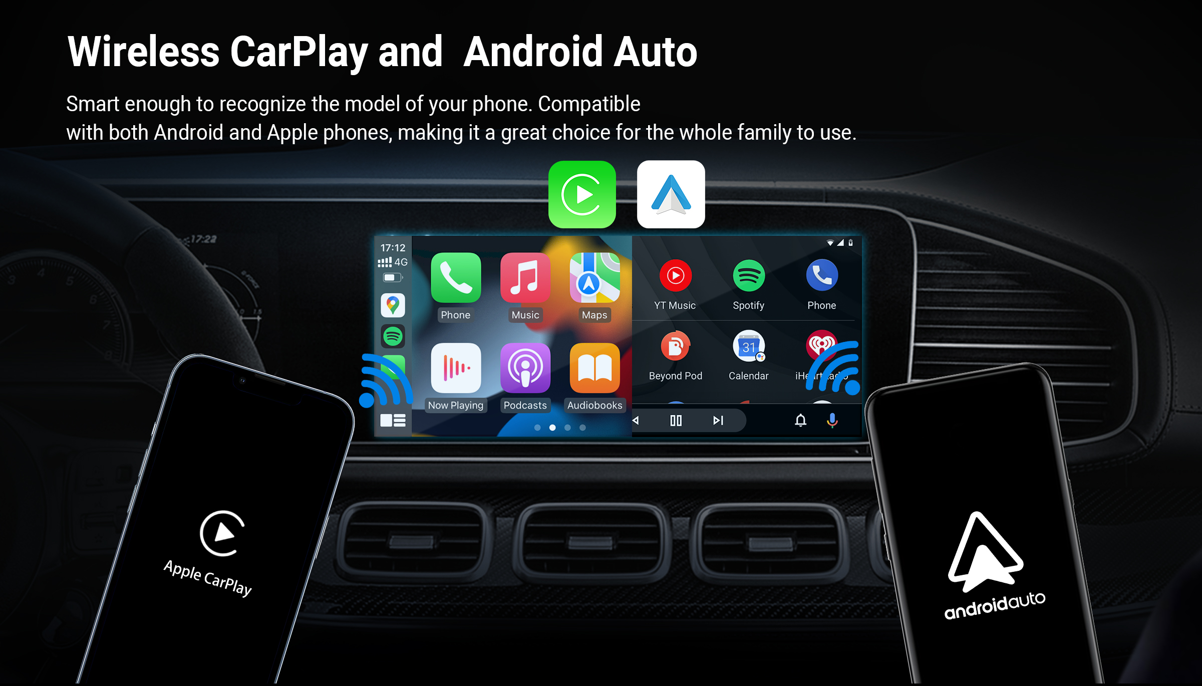 Supports Wireless CarPlay and Android Auto, intelligently recognizing your phone model for seamless compatibility with both Android and iOS devices—perfect for the whole family.