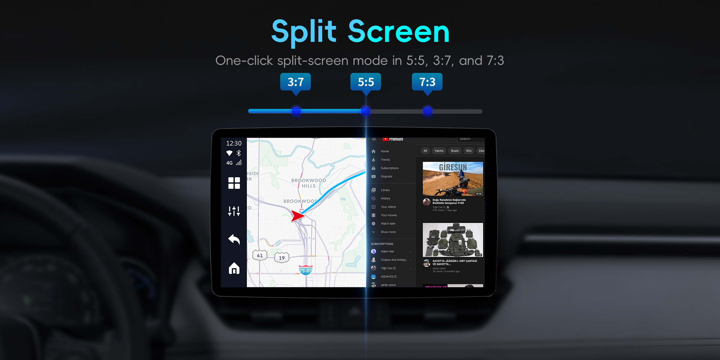 P3 Lite AI Box Carplay Split Screen: Enjoy one-click split-screen mode with 5:5, 3:7, and 7:3 options.