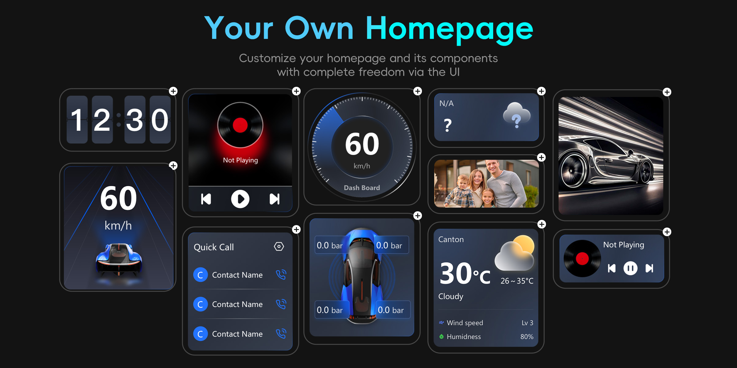 P3 Lite AI Box Carplay: Create Your Own Homepage Easily customize your homepage and its components with full flexibility through the intuitive UI.